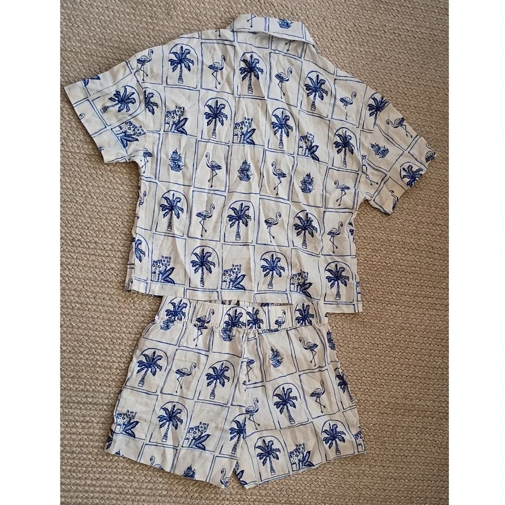 C&C California Linen Matching Set Shirt Shorts Blue White Flamingo Tropical SZ S